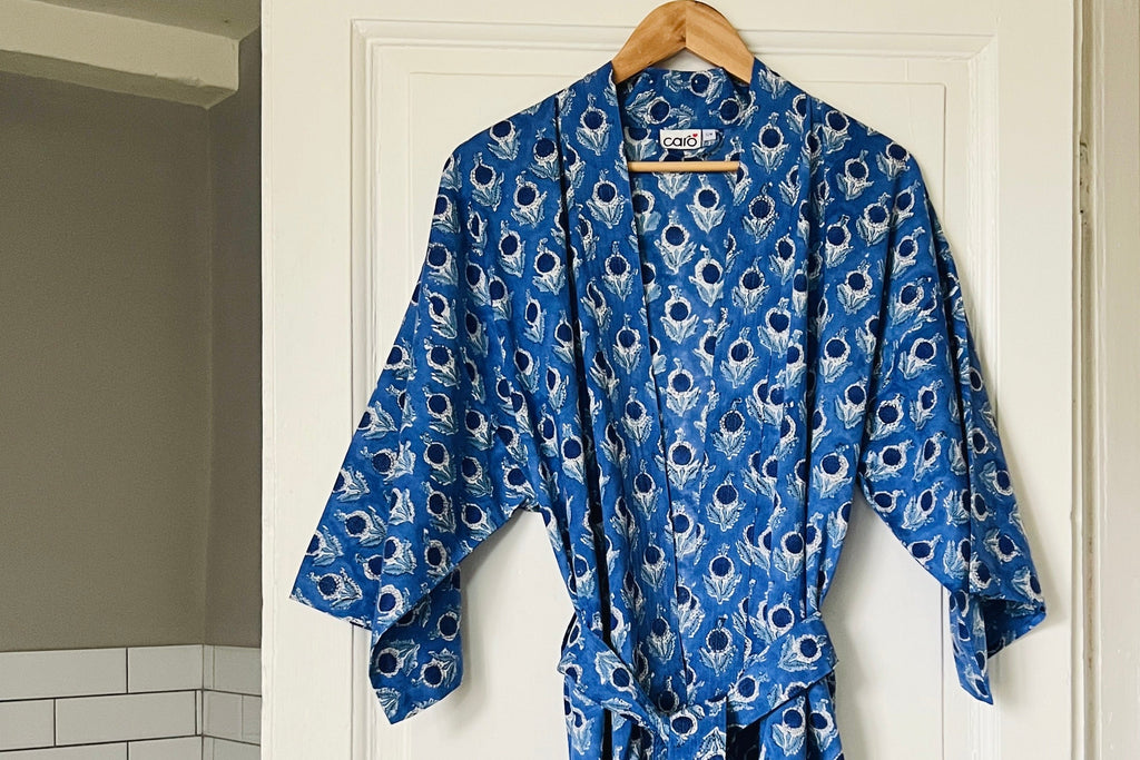 Close up image of blue and cream print kimono
