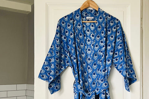 Close up image of blue and cream print kimono