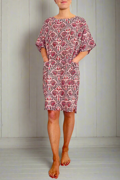 woman wearing block printed cotton chemise T shirt shape nightdress by Caro London