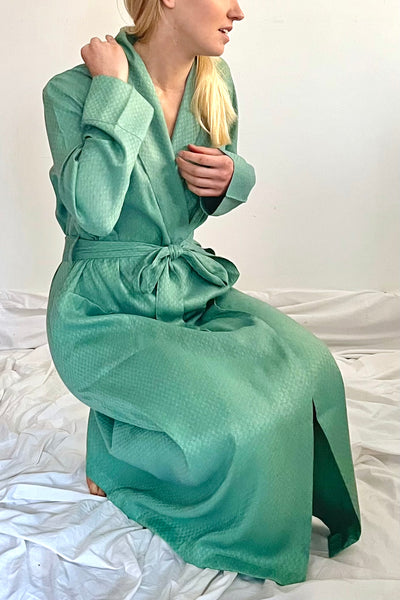 soft green jacquard weave dressing gown by caro london