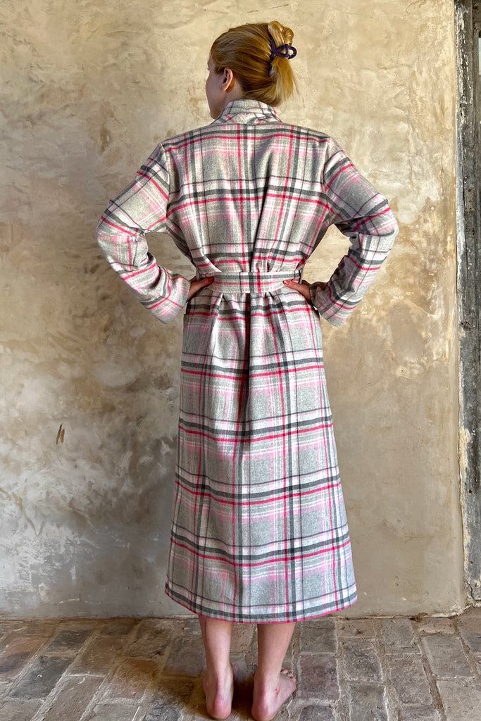 ladies dressing gown in light grey pink and dark grey check made from heavy brushed cotton by Caro London
