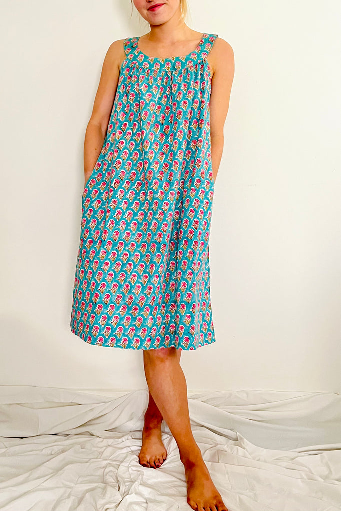 ladies-cotton-turquoise-pink-small-floral-block-print-shift-nightdress