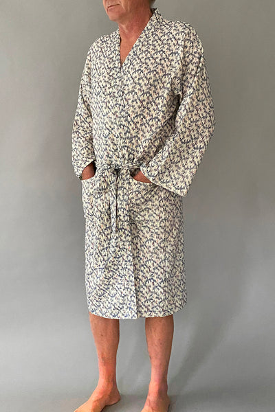 men's dressing gown in natural cream with woven dark blue small ikat design by Caro London