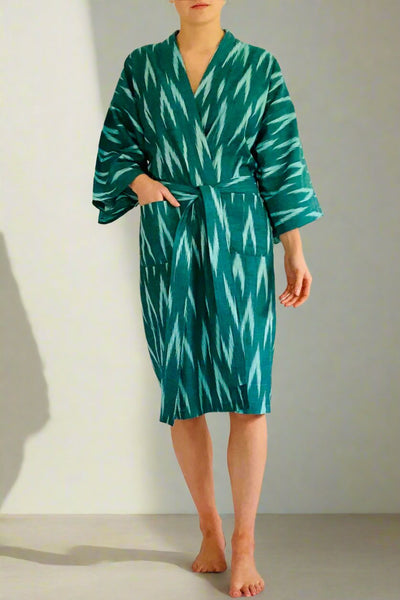 ladies cotton kimono robe in green ikat woven motif by caro london