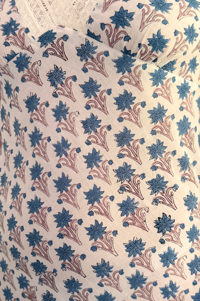 Close-up of fabric with blue floral pattern on beige background