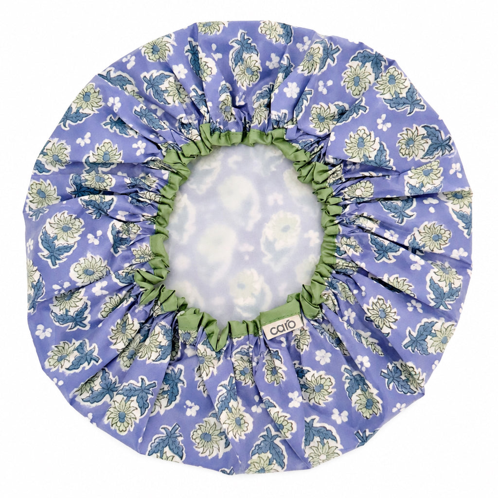 Inside of blue, green and white Tea Dance vintage floral print waterproof shower cap