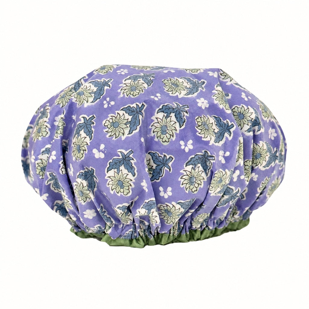 Blue, green and white Tea Dance vintage floral print waterproof shower cap with elasticated fit