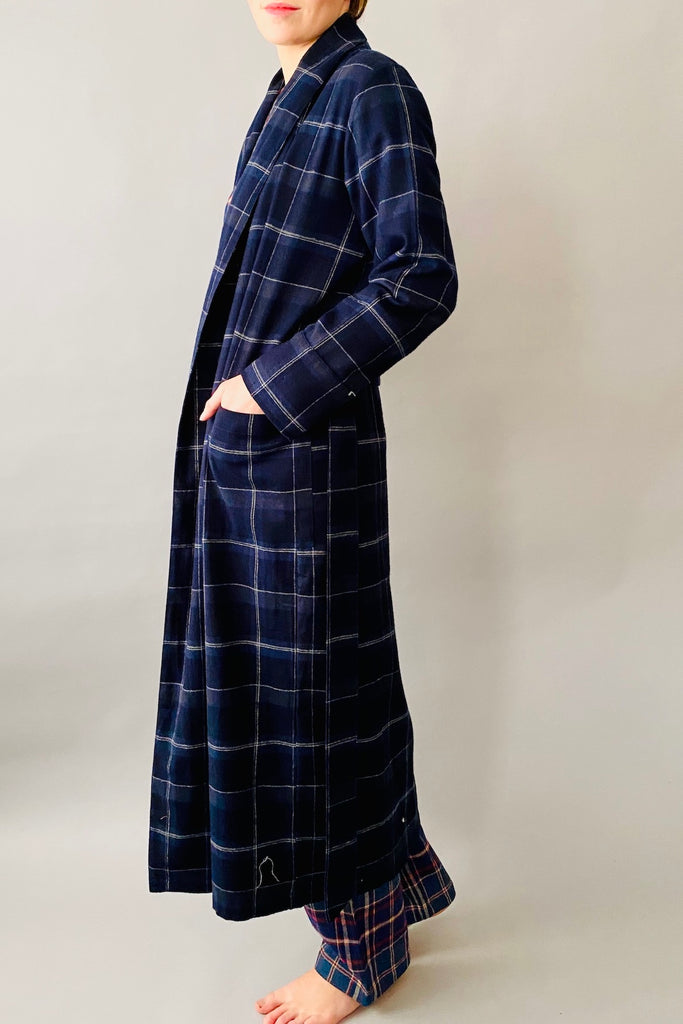 dark blue check dressing gown in brushed cotton