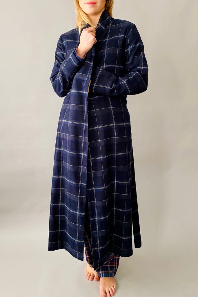 dark blue check dressing gown in brushed cotton