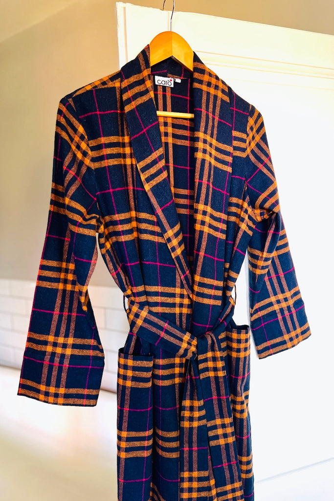 dressing gown emmylou dark blue orange pink check in brushed cotton