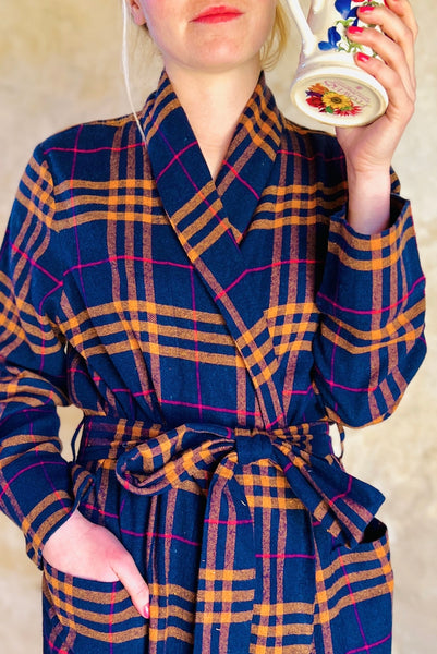 dressing gown emmylou dark blue orange pink check in brushed cotton