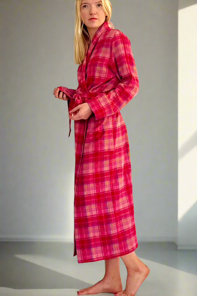 deep pink plaid check dressing gown in brushed cotton