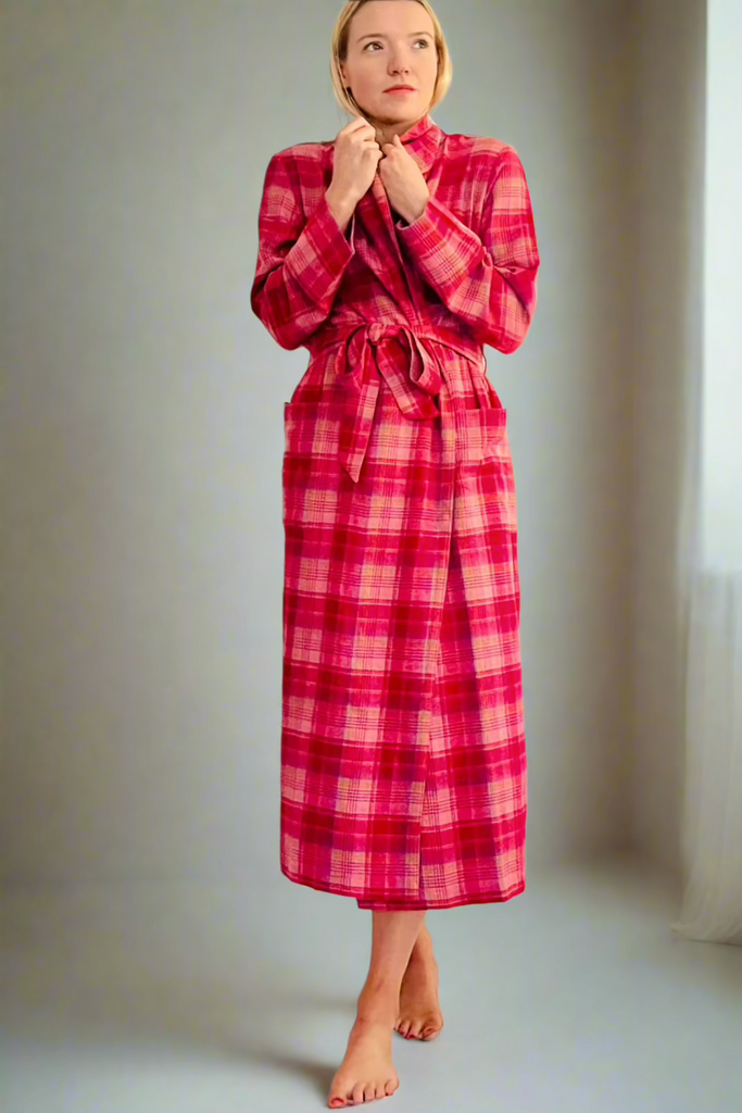 deep pink plaid check dressing gown in brushed cotton