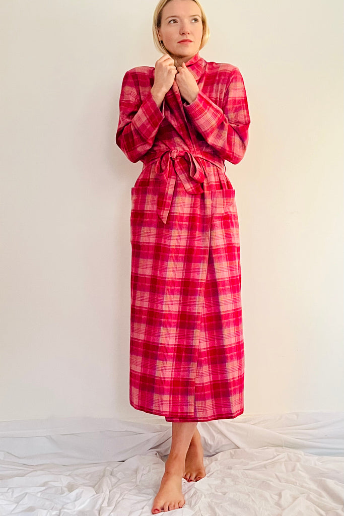 deep pink plaid check dressing gown in brushed cotton