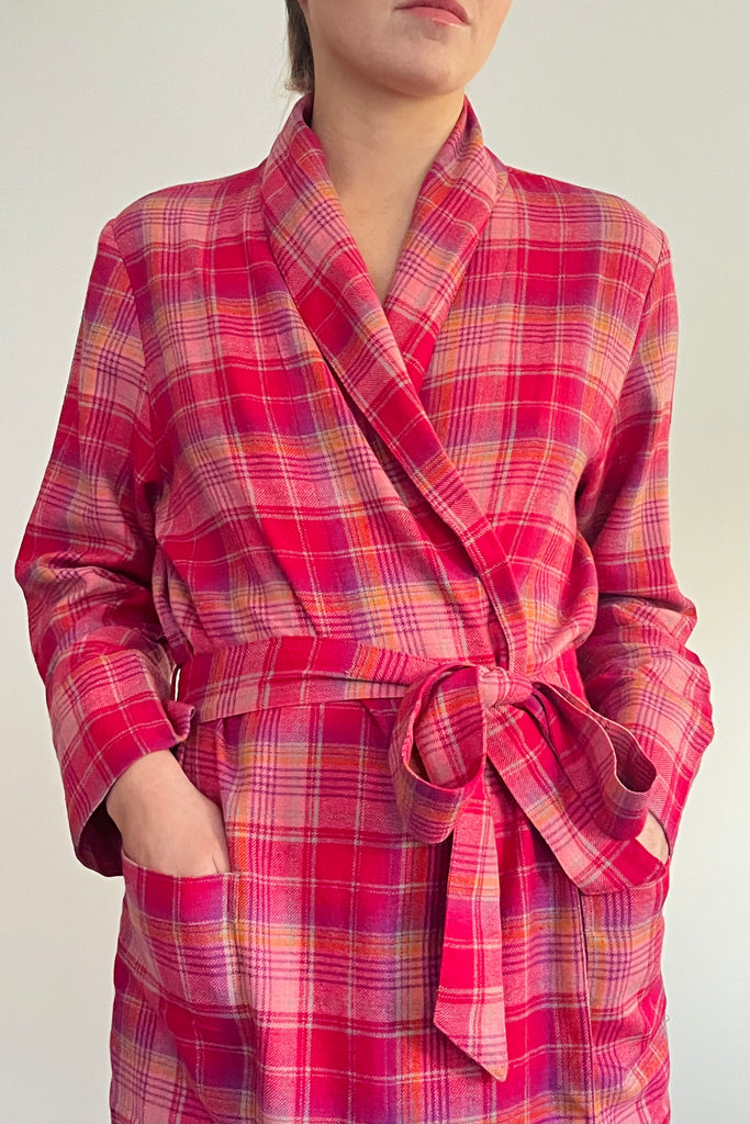 deep pink plaid check dressing gown in brushed cotton