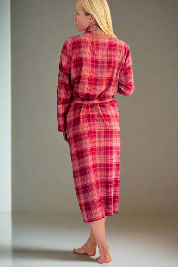 deep pink plaid check dressing gown in brushed cotton