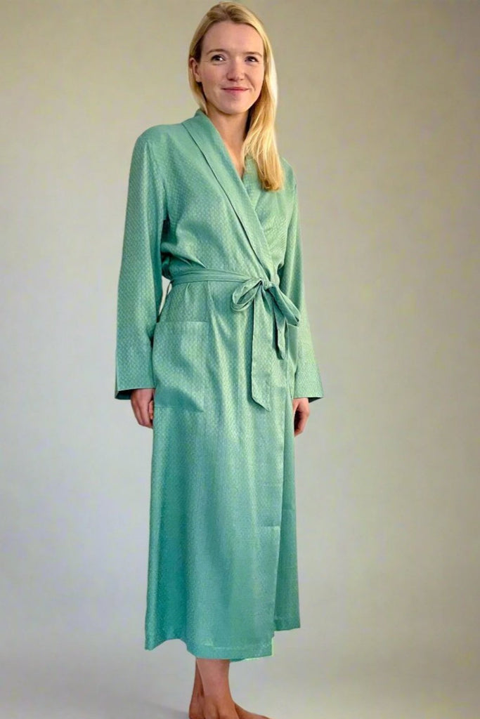 soft green jacquard weave dressing gown by caro london