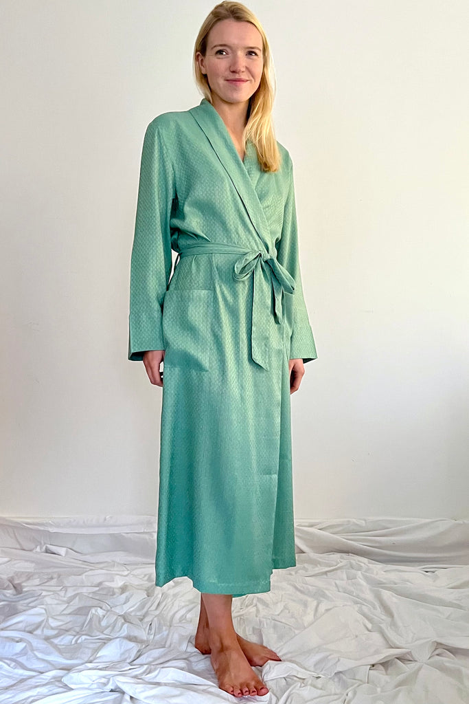 soft green jacquard weave dressing gown by caro london