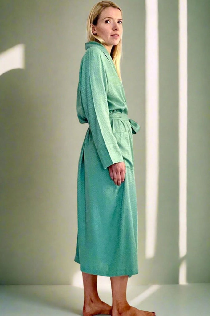 soft green jacquard weave dressing gown by caro london