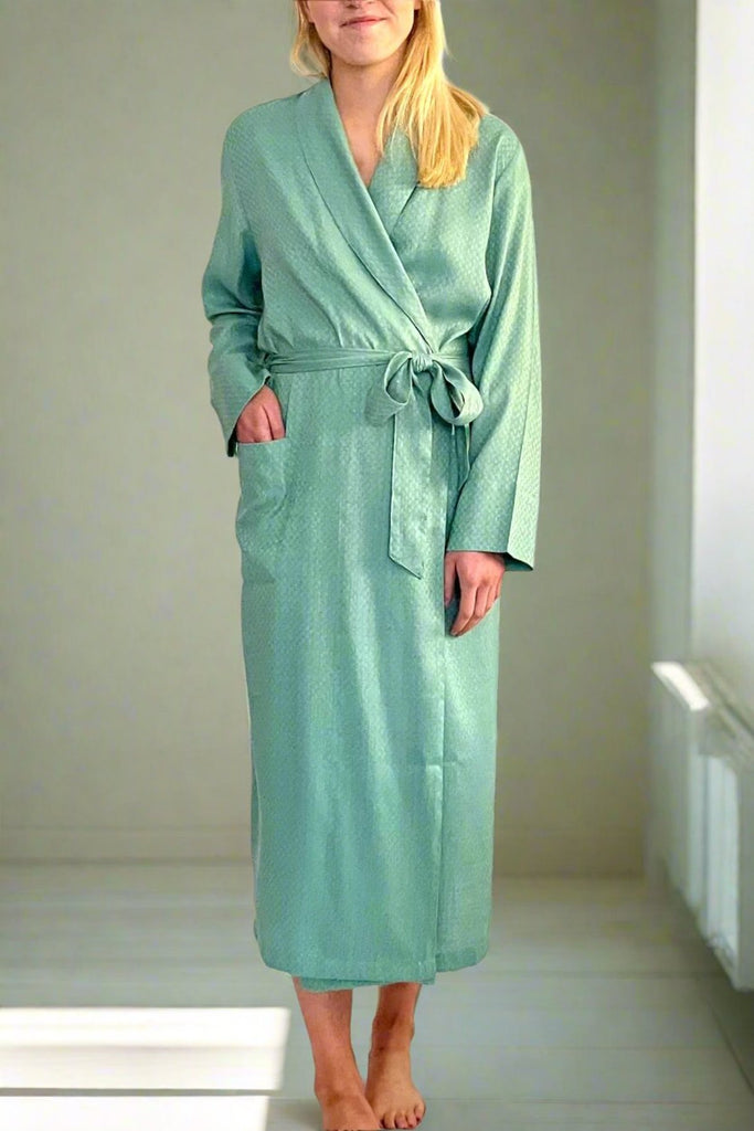 soft green jacquard weave dressing gown by caro london