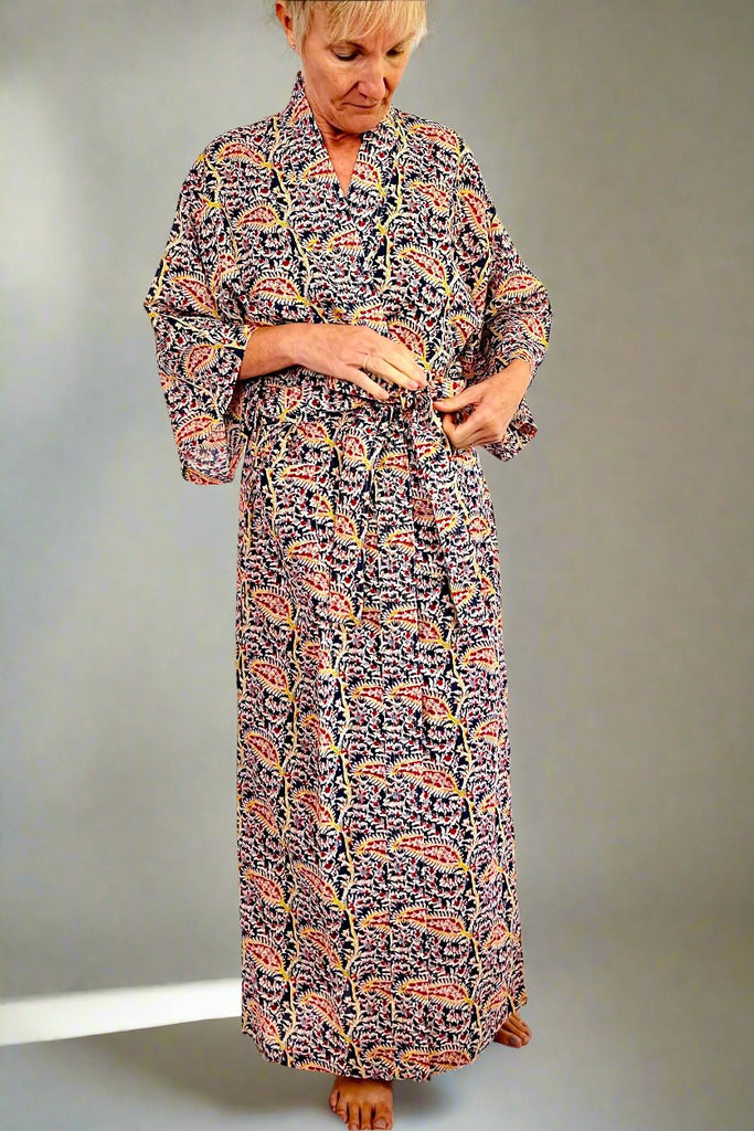 Full length Kimono robe in blue, red and yellow leaf vine all over floral printed lightweight cotton by Caro London