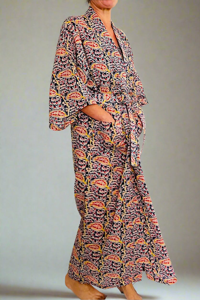 Full length Kimono robe in blue, red and yellow leaf vine all over floral printed lightweight cotton by Caro London