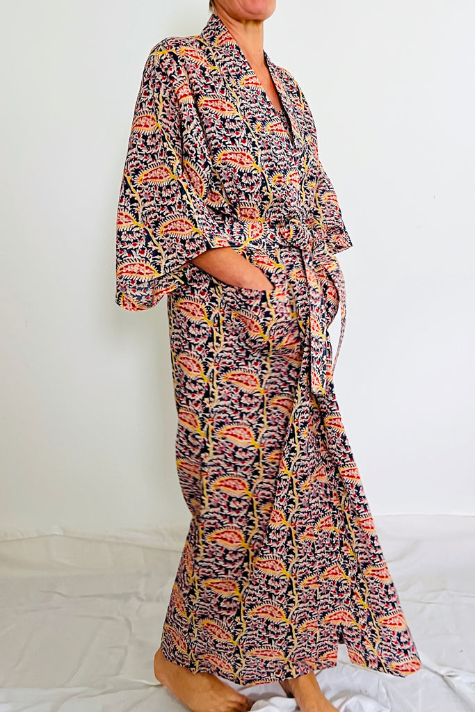 Full length Kimono robe in blue, red and yellow leaf vine all over floral printed lightweight cotton by Caro London