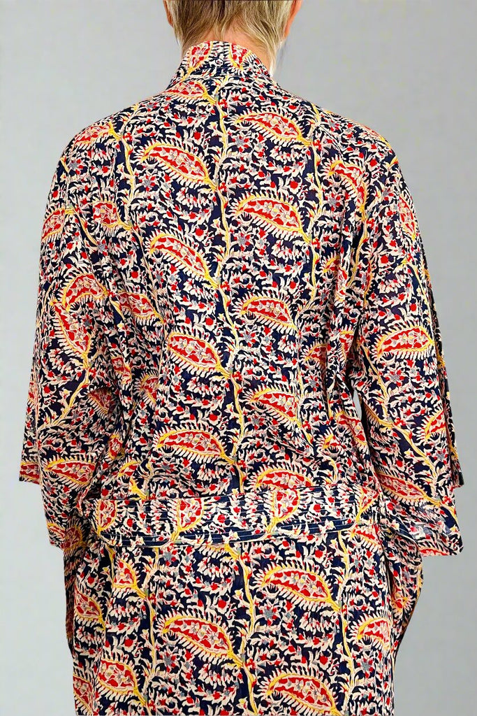 Full length Kimono robe in blue, red and yellow leaf vine all over floral printed lightweight cotton by Caro London