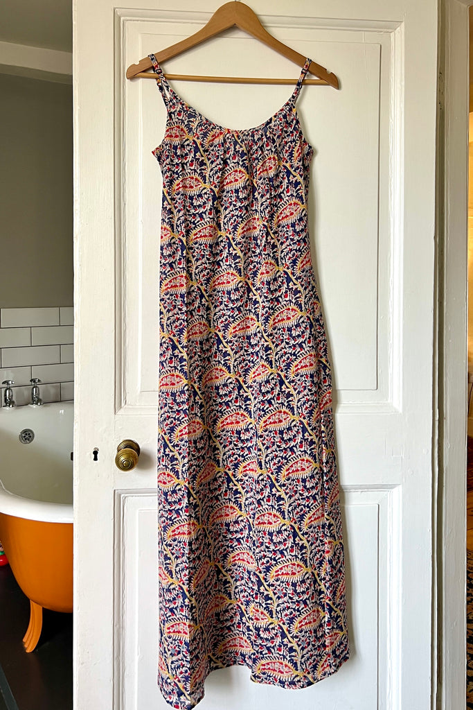 Full length long slip nightie in leafy vine block print by Caro London