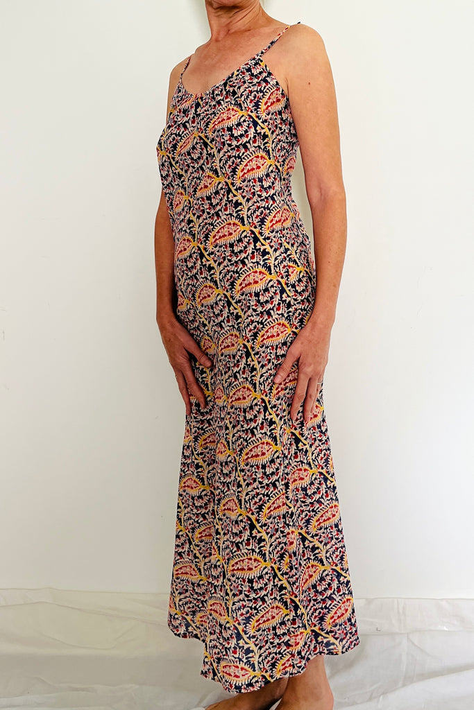 Full length long slip nightie in leafy vine block print by Caro London