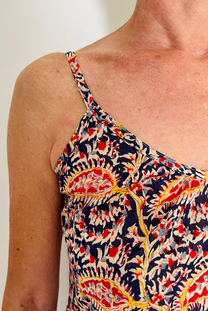 Full length long slip nightie in leafy vine block print by Caro London