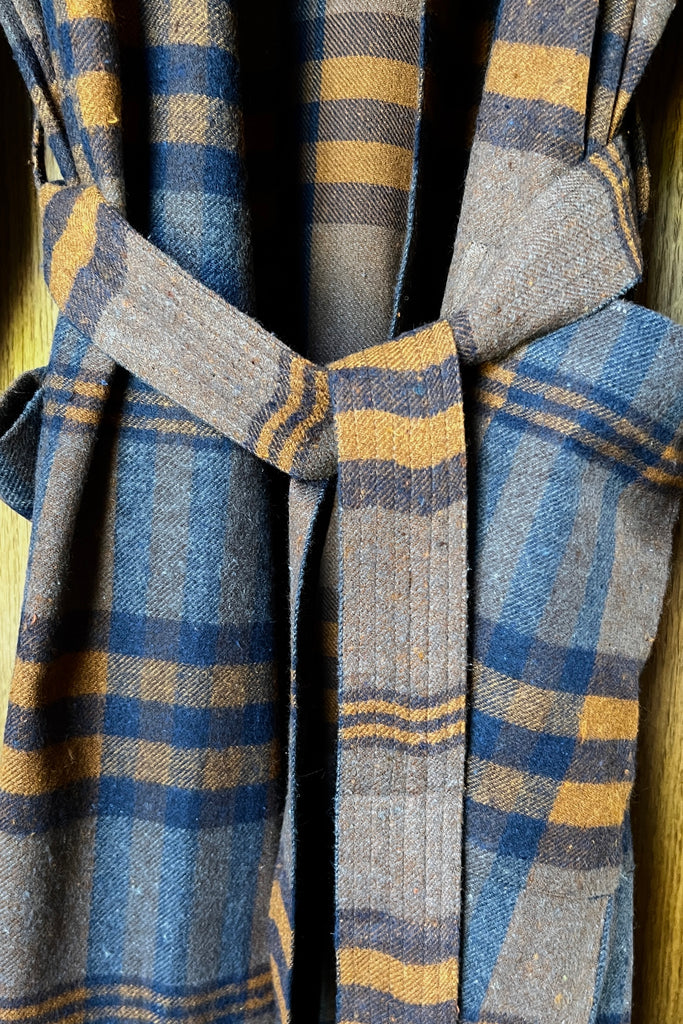 men's dressing gown in checked brushed heavy cotton in light brown grey and blue plaid by Caro London