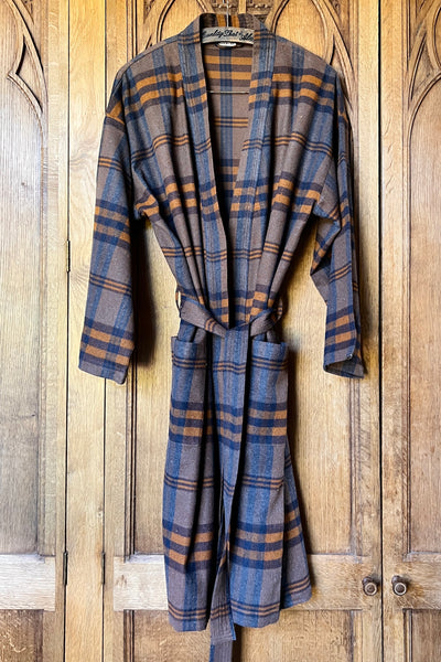 men's dressing gown in checked brushed heavy cotton in light brown grey and blue plaid by Caro London