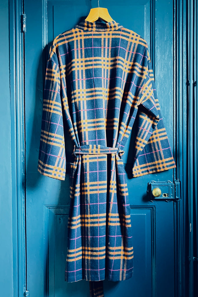 Mens brushed cotton checked dressing gown in dark blue with orange overcheck by Caro London