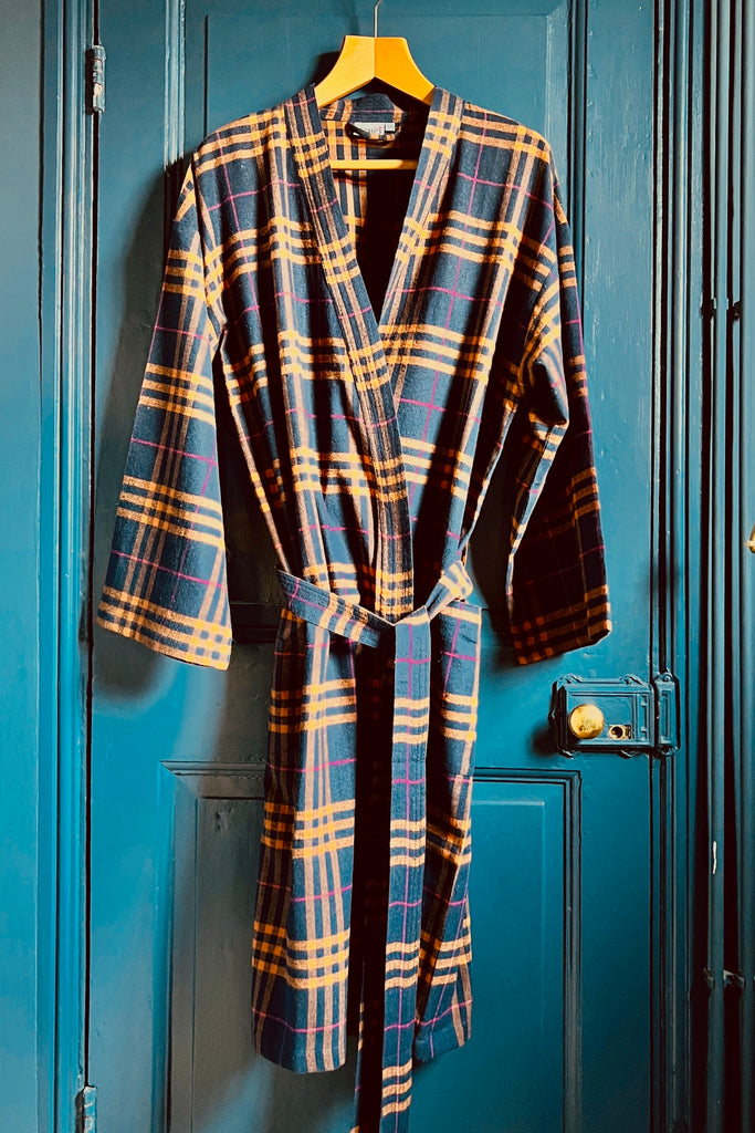 Mens brushed cotton checked dressing gown in dark blue with orange overcheck by Caro London