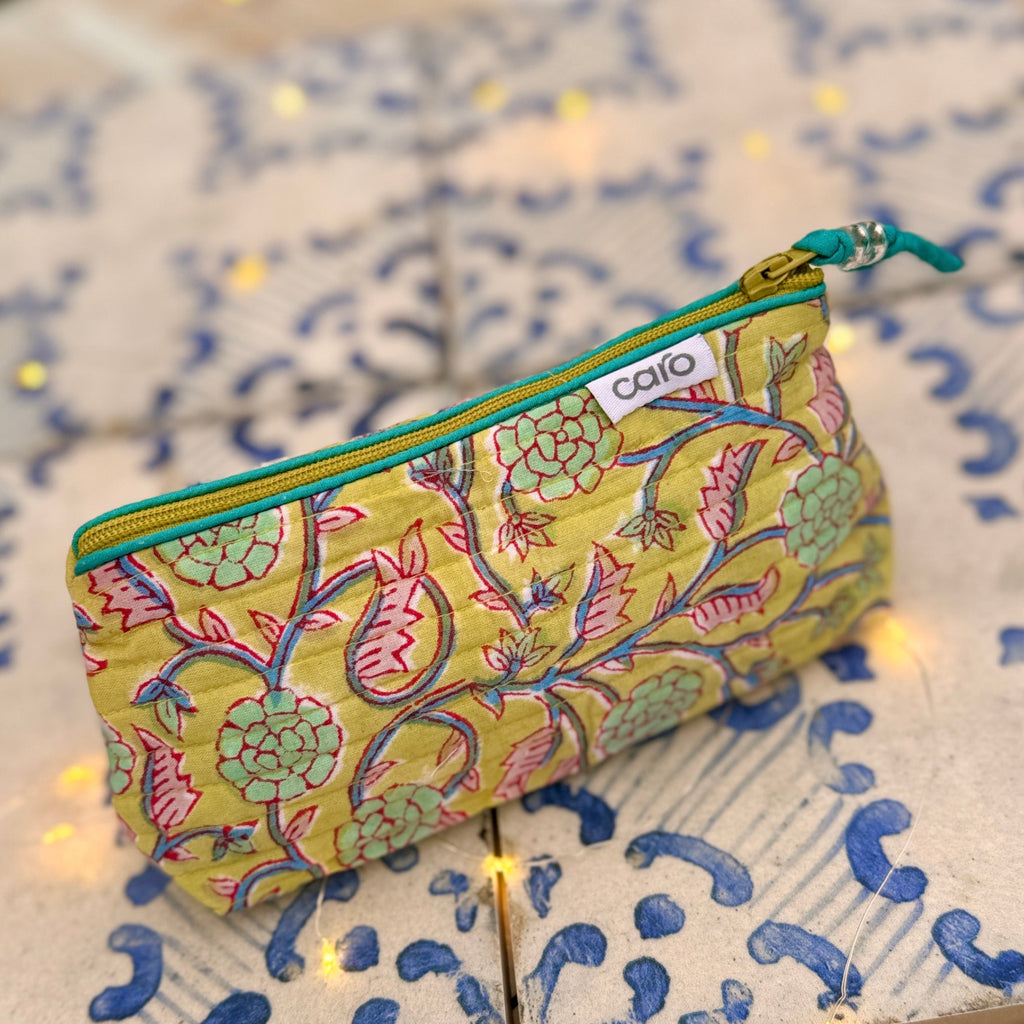 Yellow trailing floral print small make up bag