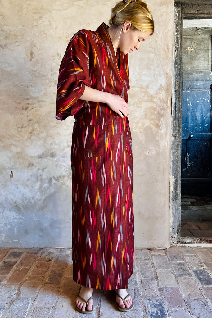 full length kimono robe in marroon red ikat weave lightweight cotton by caro london