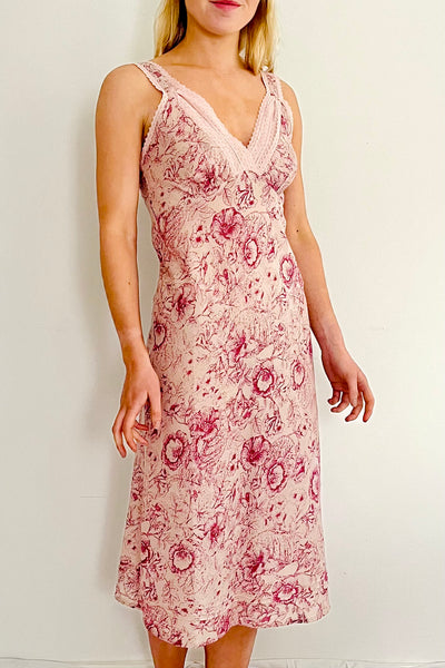 Semi fitted adjustable strapped nightdress with just below the knee length and V necked lace trim in pink toile de jouy floral by caro london
