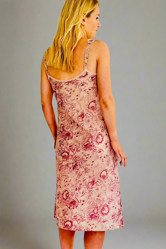 Semi fitted adjustable strapped nightdress with just below the knee length and V necked lace trim in pink Toile de Jouy floral by caro london