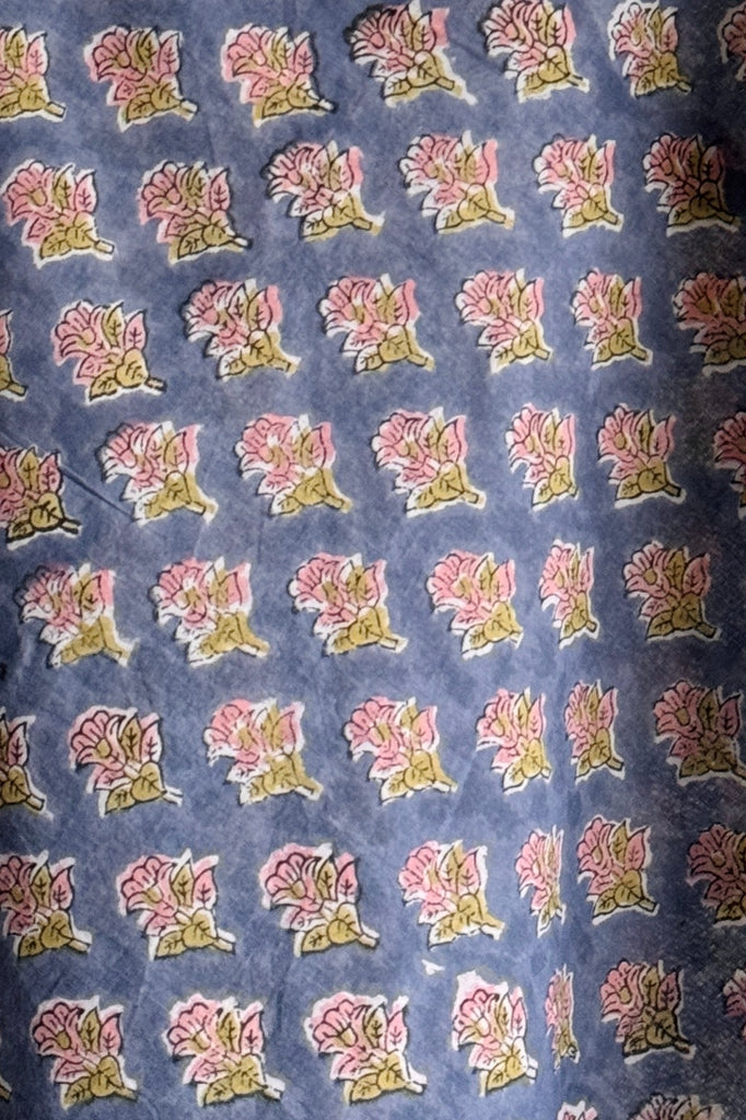 Patterned fabric with pink and green floral designs on a blue background