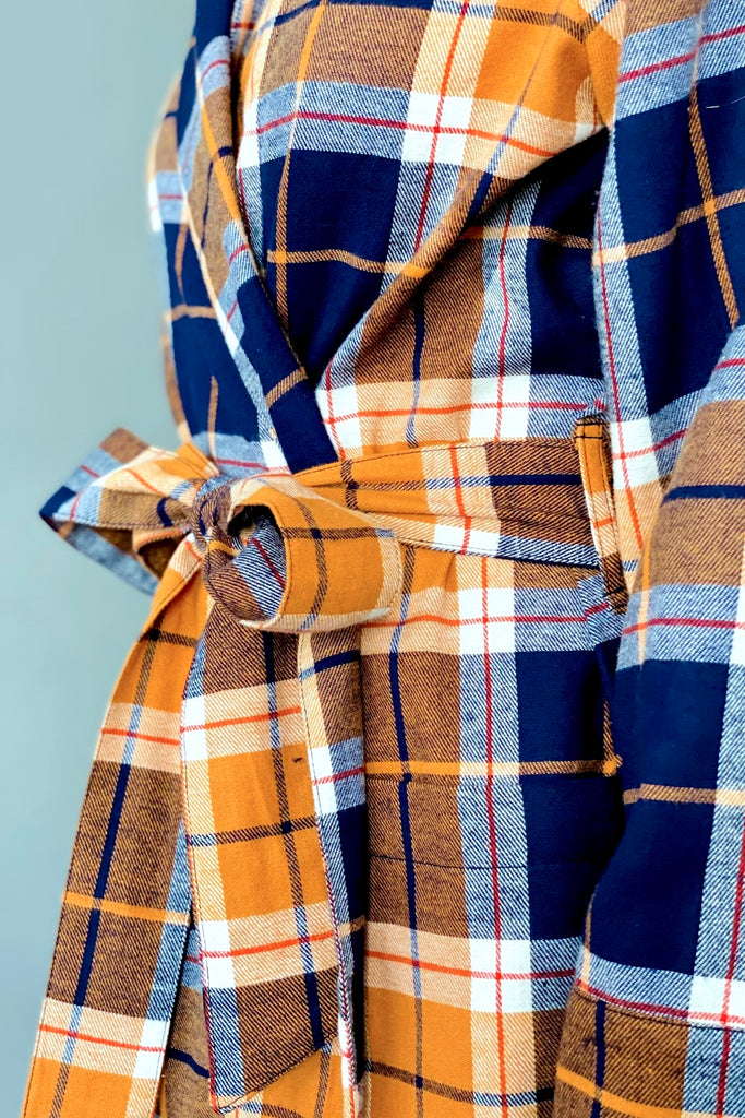 dressing gown orange blue check in brushed cotton