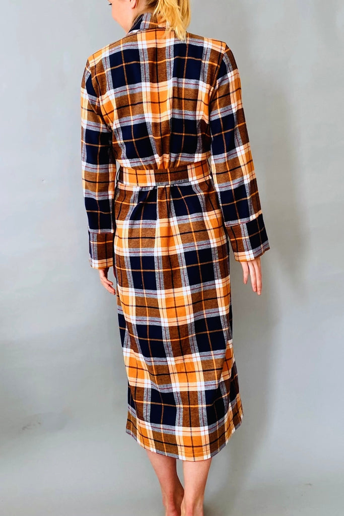 dressing gown orange blue check in brushed cotton