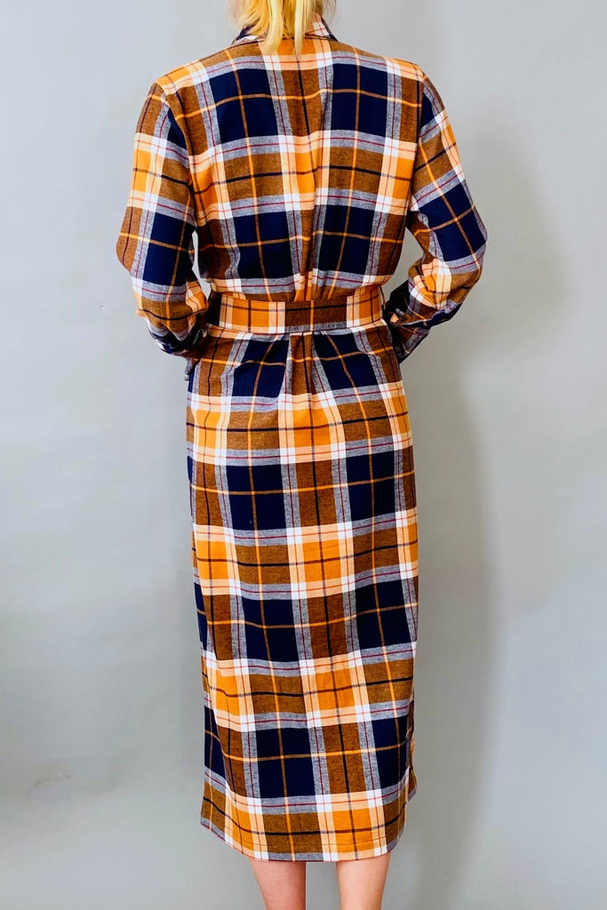 dressing gown orange blue check in brushed cotton