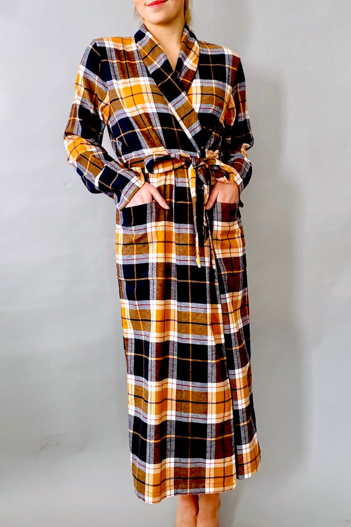dressing gown orange blue check in brushed cotton