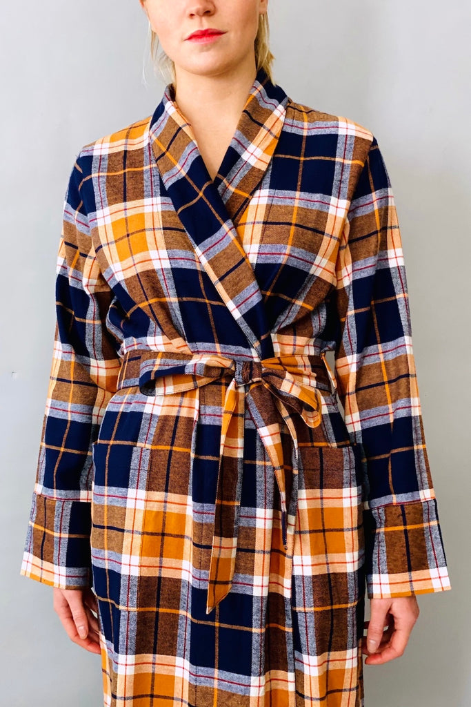 dressing gown orange blue check in brushed cotton