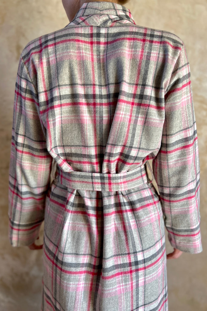 ladies dressing gown in light grey pink and dark grey check made from heavy brushed cotton by Caro London