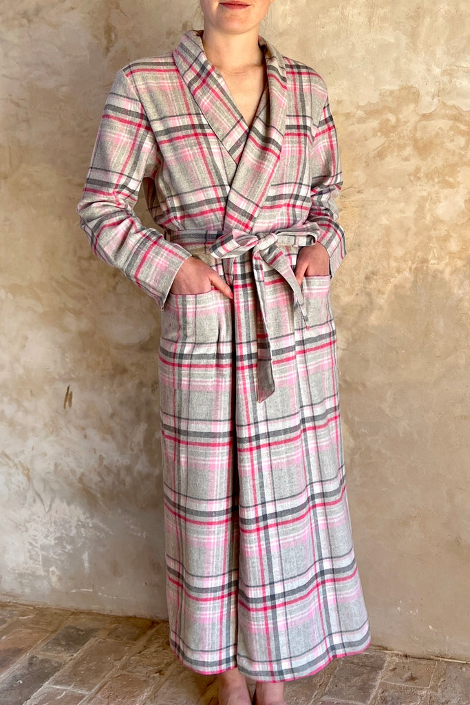 ladies dressing gown in light grey pink and dark grey check made from heavy brushed cotton by Caro London