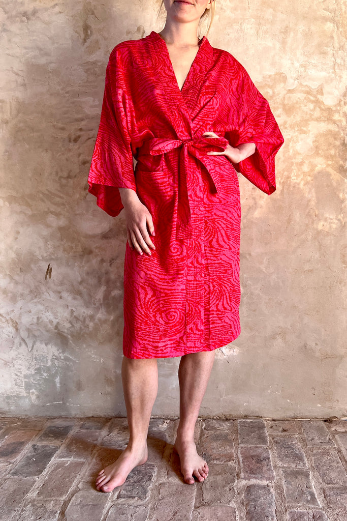 red swirly print lightweight cotton kimono robe by caro london