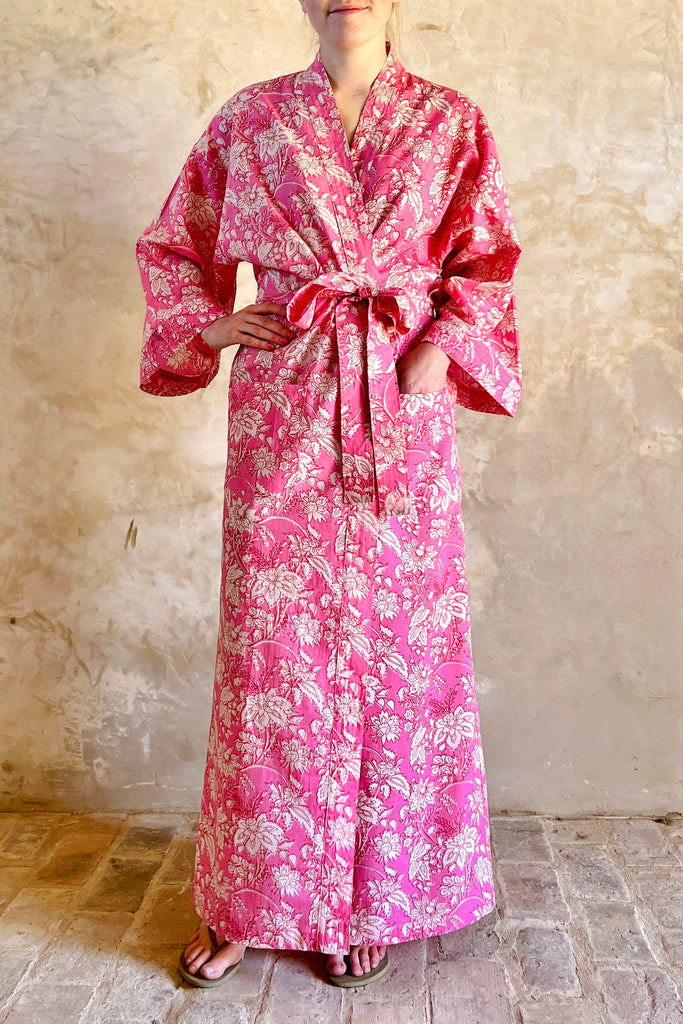 full length light cotton kimono robe in pink botanic floral print by caro london