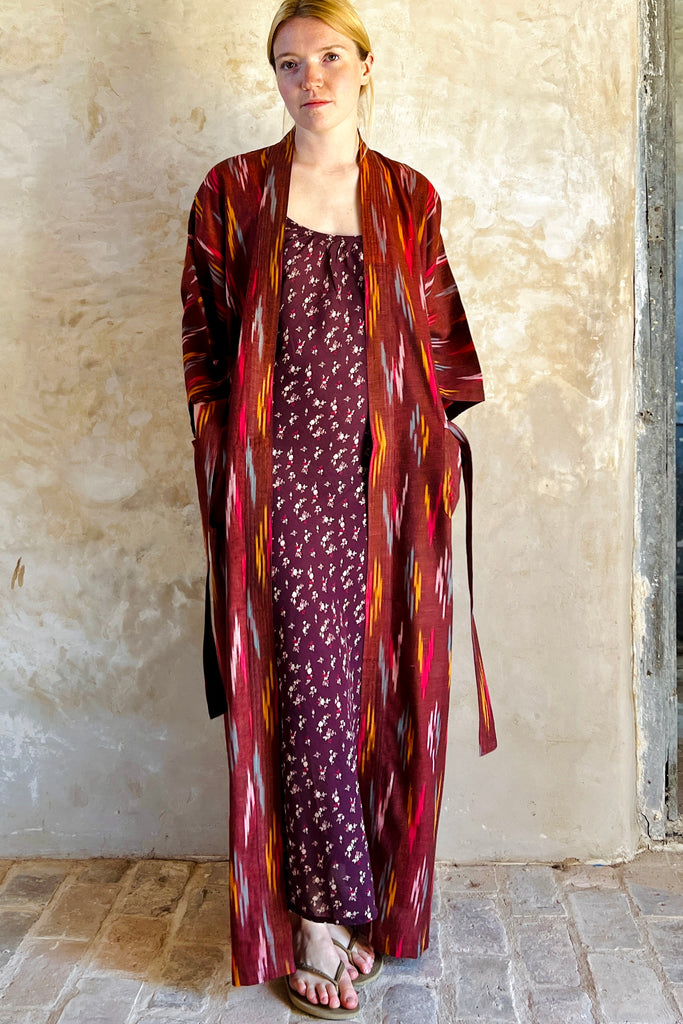 full length kimono robe in marroon red ikat weave lightweight cotton by caro london